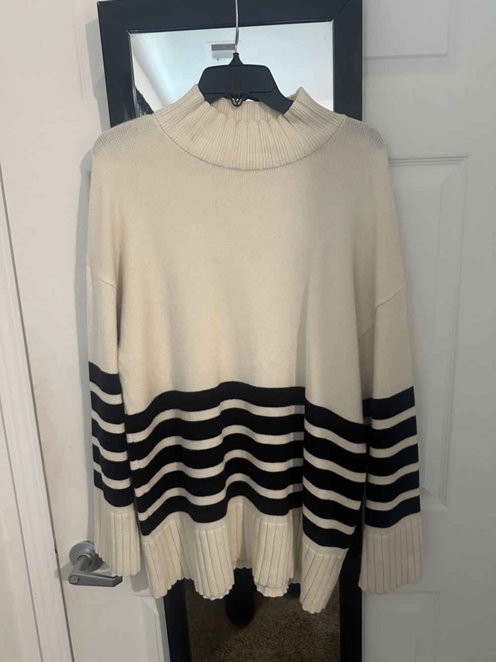 Commense Cream & Black Striped Turtleneck Sweater
